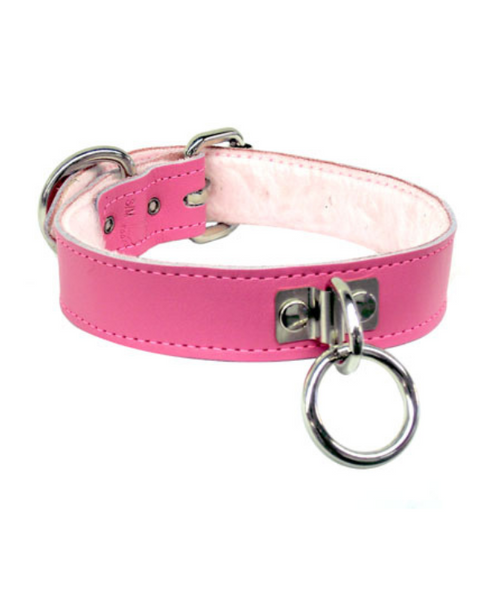 Bubblegum pink leather BDSM collar with a soft fluffy white fleece lining. The collar is designed with bondage aesthetics, featuring a thick and sturdy pink leather exterior with metal hardware, an o-ring, and buckle fastener at back.