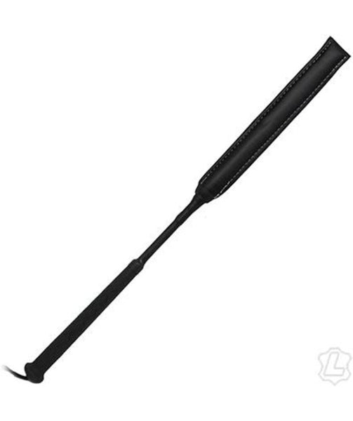 long black leather BDSM crop with padding; black rubber handle