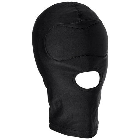 black face hood with extra padding over the eyes and open mouth hole for breathability