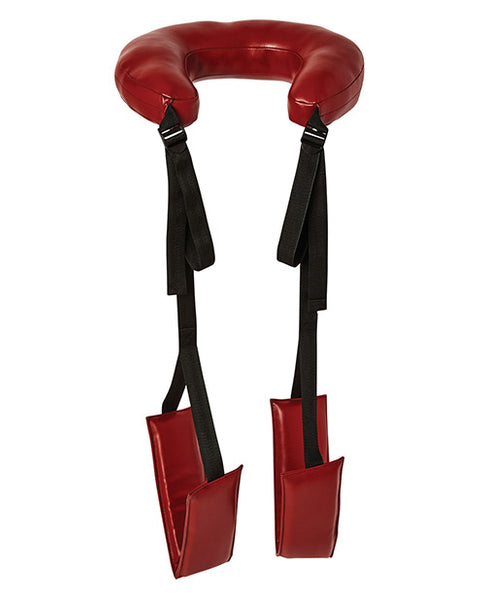 red padded vegan leather thigh sling with padded neck rest
