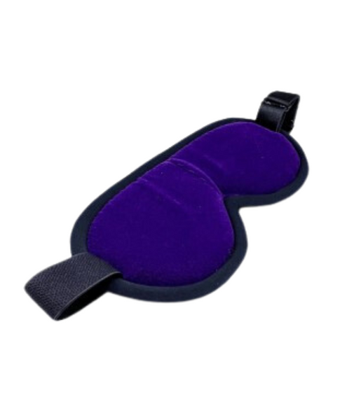 black and purple Leather & Velvet Blindfold, crafted from soft velvet and supple leather. The blindfold is adjustable and features an elegant black and red color combination. Perfect for sensory play