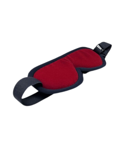 black and red Leather & Velvet Blindfold, crafted from soft velvet and supple leather. The blindfold is adjustable and features an elegant black and red color combination. Perfect for sensory play