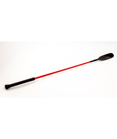 black bdsm crop with leather-look, thin and rounded tip; crop has ribbed rubber handle and red nylon wrapped shaft
