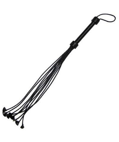black woven leather handle with wrist strap, and nine 24" braided leather tails that end in slight fan for BDSM flogging play