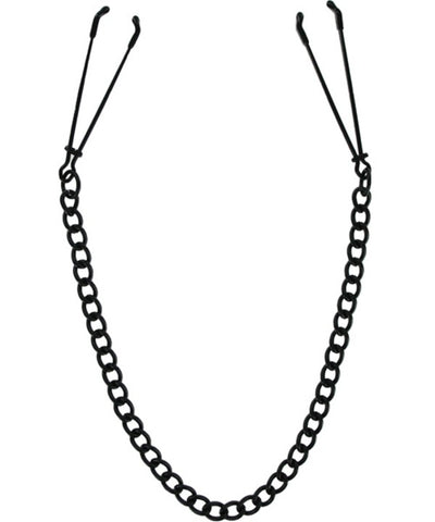 Two black 3" tweezer style clamps with rubber tips are connected by a sleek black link chain; used for nipple play and beginner kink