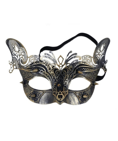 patinaed gold color feline face mask with added texture from a laser cutout layer of venetian inspired detailing