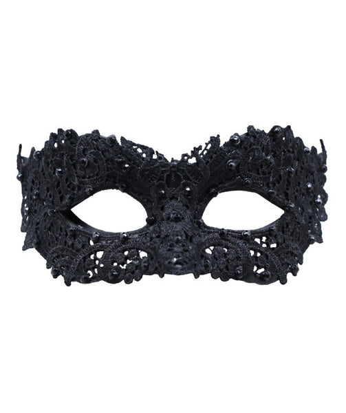 venetian face mask with black lace and black gems, eye cut outs
