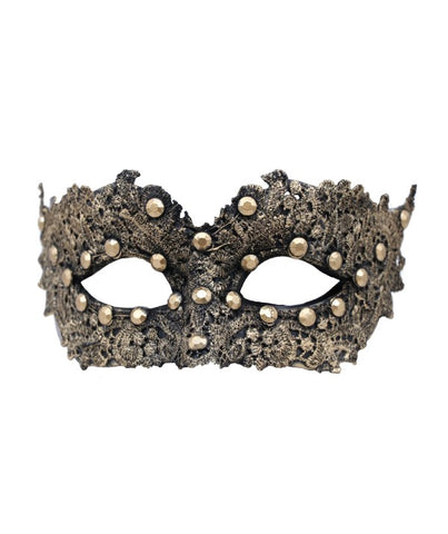 venetian face mask with black lace painted gold and gold gems, eye cut outs