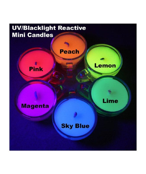 top view of 6 espresso cups with orange, yellow, green, blue, magenta, and pink glowing in black light; colored wax for bdsm wax play