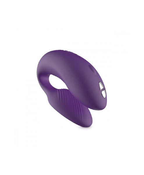 c-shaped wearable sex toy with larger external arm and slimmer insertable bulb. insertable bulb is textured to help stay in place. toy is purple silicone