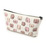 a neutral colored canvas pouch has screen printed repeating images of different butts- in several color skin tones sits zipped up standing up.