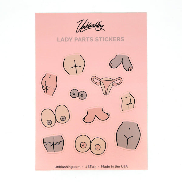 Sex Positive Sticker Sheet on Pinkish-Orange Background with sketch drawings of different skin toned boobs, butts, a vulva and a uterus. The title "Lady Parts Stickers" runs across the top, this sheet of 11 stickers is made by  Unblushing a Women-Owned small sex positive designer.